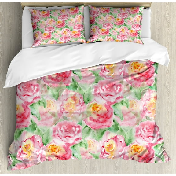 Ambesonne Rose Duvet Cover Sets, Soft Blossoming, 2-Queen, Pink Green