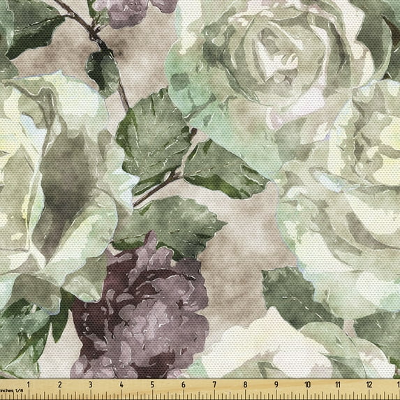 Ambesonne Rose Fabric by the Yard Upholstery, English Garden Watercolor Art, 5 Yards, Grey Yellow and Dried Rose