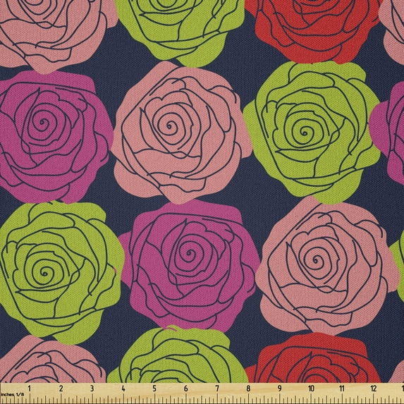 Ambesonne Rose Fabric by the Yard Microfiber, Bouquets of Valentine's Day, 2 Yards, Lime Green and Multicolor