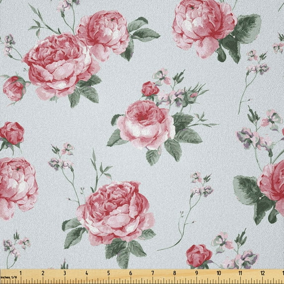Ambesonne Rose Fabric by the Yard Microfiber, Pink Blossom English Flora, 10 Yards, Reseda Green Pink