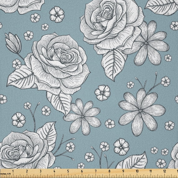 Ambesonne Rose Fabric by the Yard Microfiber, Retro Drawn Blossoms on Blue, 5 Yards, Pale Blue Grey and White