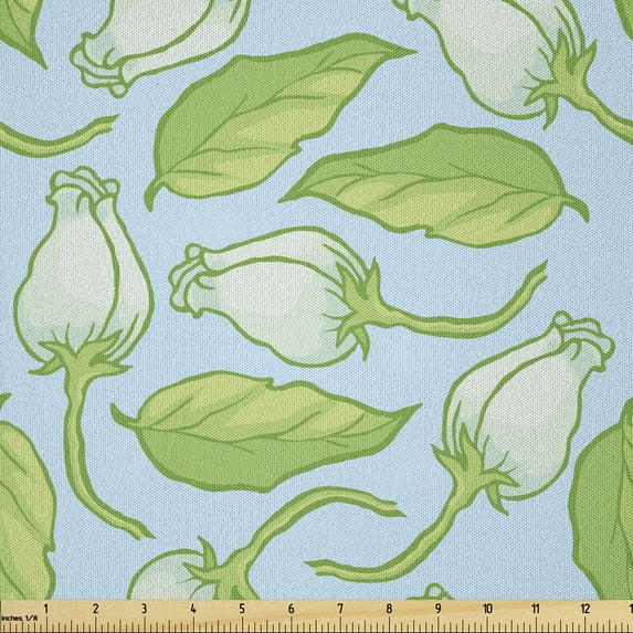 Ambesonne Rose Fabric by the Yard Microfiber, Romantic Pastel Buds Pattern, 10 Yards, Pale Blue Fern Green