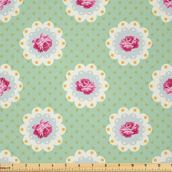Ambesonne Rose Fabric by the Yard Microfiber, Vintage Feels Floral Polka Dot, 3 Yards, Magenta Pale Green