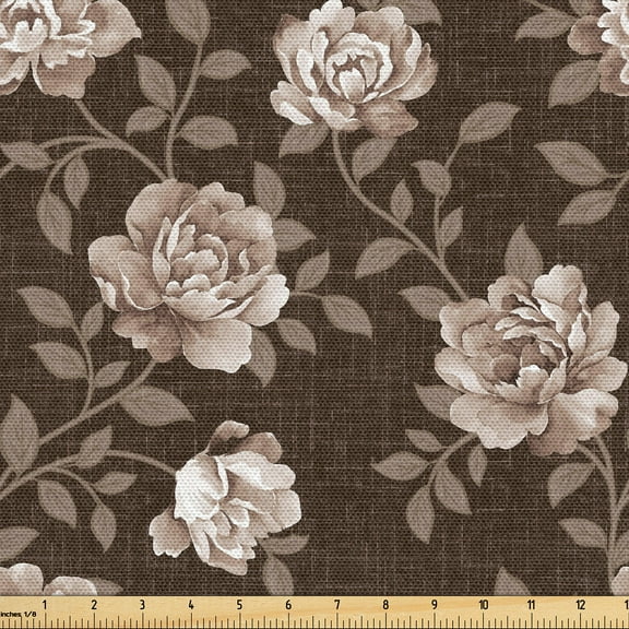 Ambesonne Rose Fabric by the Yard, Retro Effect Romantic Floral, 1 Yard, Brown and Umber