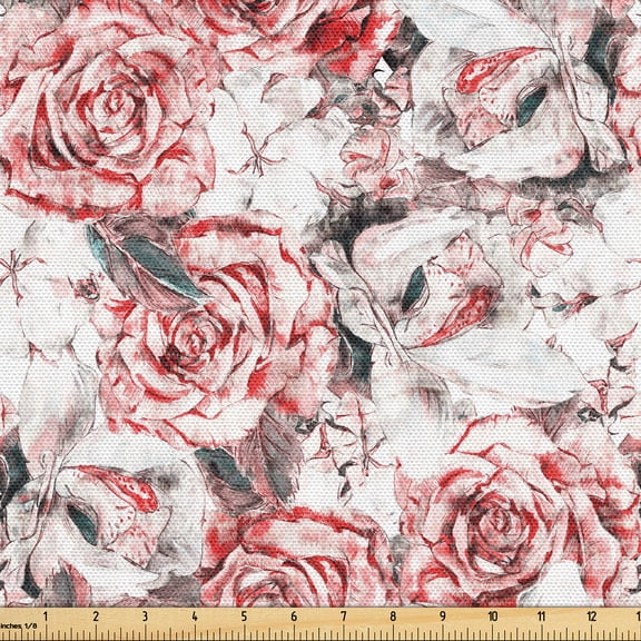 Ambesonne Rose Fabric by the Yard Upholstery, Romantic Grunge Flowers Print, 1 Yard, Dark Blue Grey and Coral