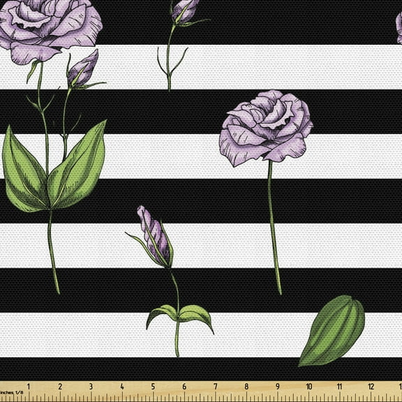 Ambesonne Rose Fabric by the Yard Upholstery, Gentle Pink Flower on Stripes, 3 Yards, Black and White