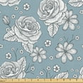 thumbnail image 1 of Ambesonne Rose Fabric by the Yard Upholstery, Retro Drawn Blossoms on Blue, 2 Yards, Pale Blue Grey and White, 1 of 1