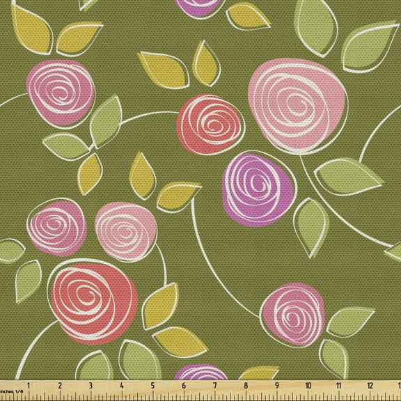 Ambesonne Rose Fabric by the Yard Upholstery, Spiral Buds Simplistic Sketch, 1 Yard, Multicolor