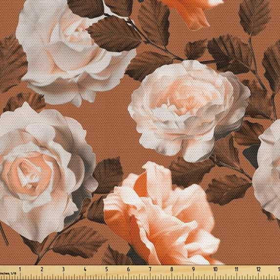 Ambesonne Rose Fabric by the Yard Upholstery, Vintage Art Warm Tone Flowers, 1 Yard, Pale Cinnamon and Redwood