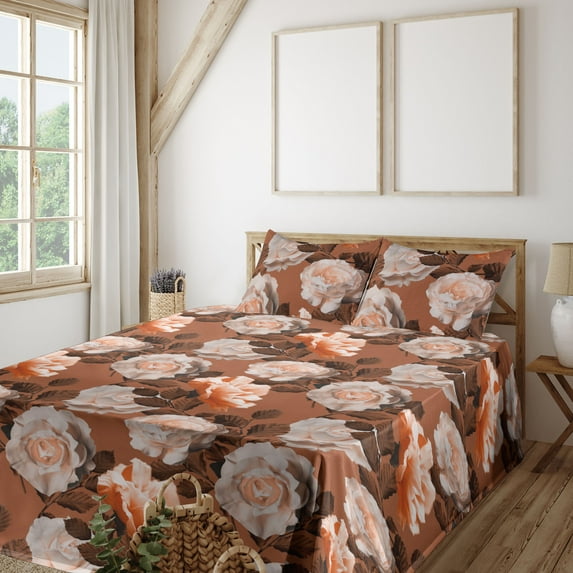 Ambesonne Rose Fitted & Flat Sheet with Sham 3 Pcs Set, Vintage Art Warm Tone Flowers, Twin, Pale Cinnamon and Redwood