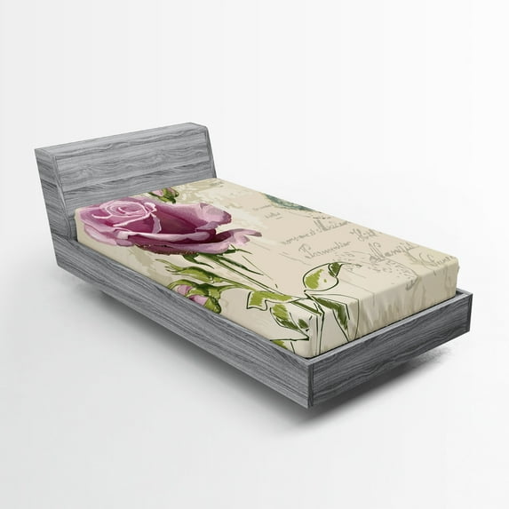 Ambesonne Rose Fitted Sheet 2 Pcs Set, Vintage Delicate, Twin, Tan Pale Pink Green