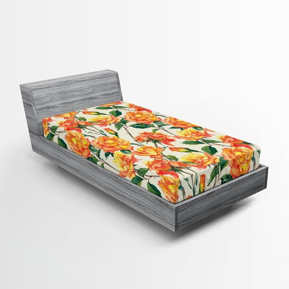 Ambesonne Rose Fitted Sheet, Old Bridal Vivid Bouquet, Twin XL Size, Cream Orange Green