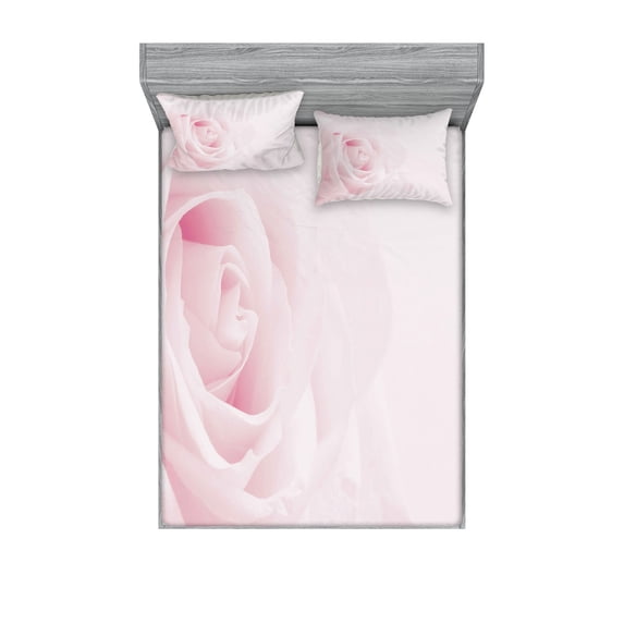 Ambesonne Rose Fitted Sheet & Pillow Sham Set, Close up Pink Flourish, Queen, Pale Pink