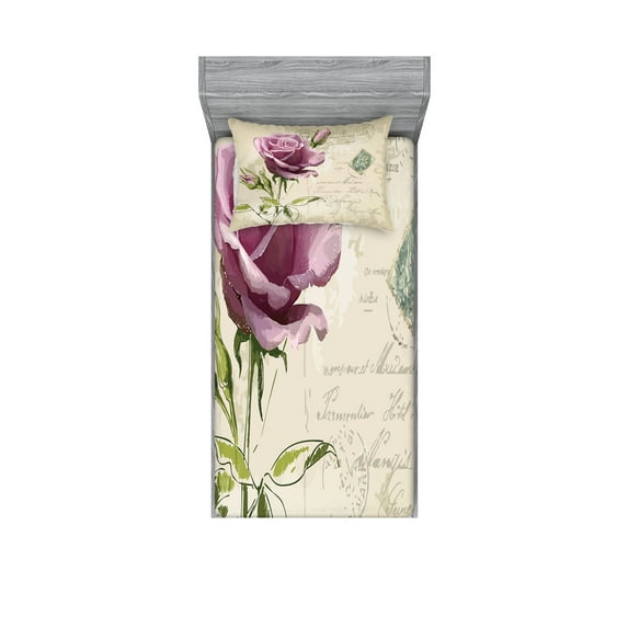 Ambesonne Rose Fitted Sheet & Pillow Sham Set, Vintage Delicate, Twin, Tan Pale Pink Green