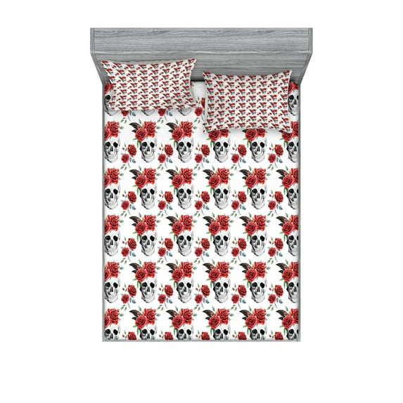 Ambesonne Rose Fitted Sheet & Pillow Sham Set, Watercolor Gothic, Queen, Vermilion Black Green