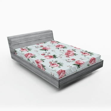 Ambesonne Rose Fitted Sheet, Pink Blossom English Flora, California King, Reseda Green Pink