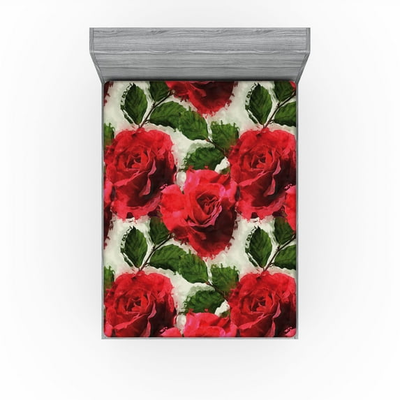 Ambesonne Rose Fitted Sheet, Romantic Art of English Garden, Full Size, Dark Pink Emerald Dust