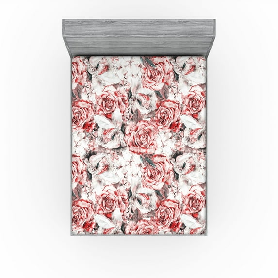 Ambesonne Rose Fitted Sheet, Romantic Grunge Flowers Print, California King, Dark Blue Grey and Coral