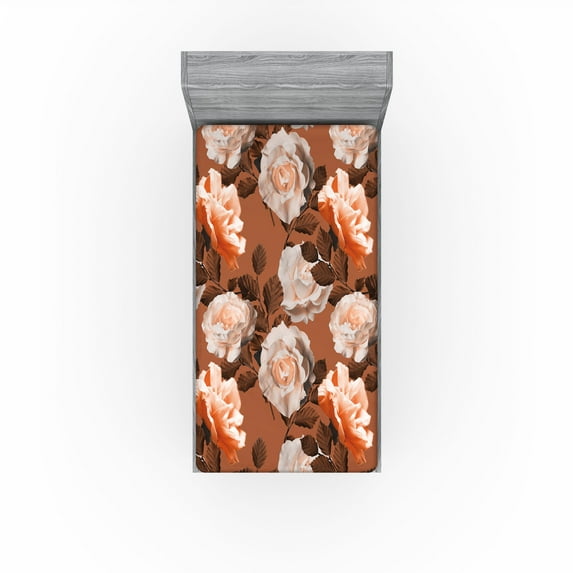 Ambesonne Rose Fitted Sheet, Vintage Art Warm Tone Flowers, Twin Size, Pale Cinnamon and Redwood