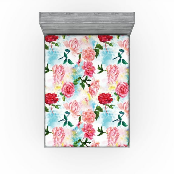 Ambesonne Rose Fitted Sheet, Watercolor Romantic Floral Art, Full Size, Aqua Pastel Pink and Green