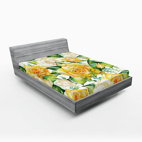 Ambesonne Rose Fitted Sheet, Watercolor Wedding Flowers, Queen Size, Yellow Beige Green