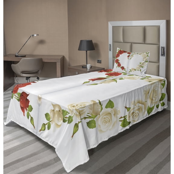 Ambesonne Rose Fitted & Top Sheet Set with Sham, Heart Bouquet Romantic, Red White Green