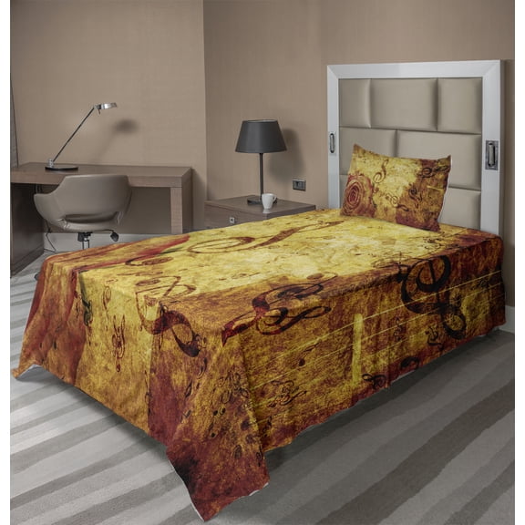 Ambesonne Rose Fitted & Top Sheet Set with Sham, Old Rose Music Note Shabby, Cream Red