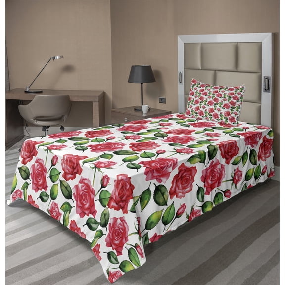 Ambesonne Rose Fitted & Top Sheet Set with Sham, Watercolor Fresh Blossoms, Red Green White