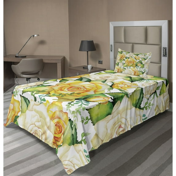 Ambesonne Rose Fitted & Top Sheet Set with Sham, Watercolor Wedding Flowers, Yellow Beige Green