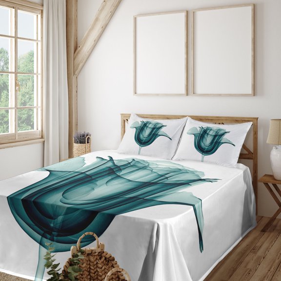Ambesonne Rose Fitted & Top Sheet Set with Shams, Flowers Nature, Teal White