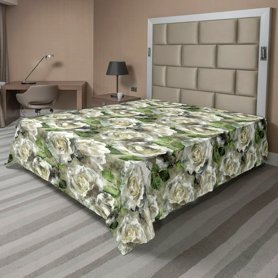 Ambesonne Rose Flat Bedding Sheet Soft Top Sheet, Romantic Innocent Flowers Art, California King, Eggshell Dark Sepia and Green