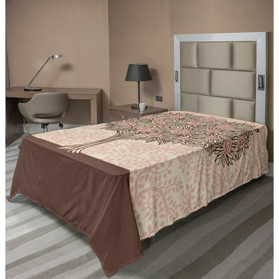 Ambesonne Rose Flat Sheet, Flourishing Tree Branch, Twin Size, Pale Pink Beige Brown