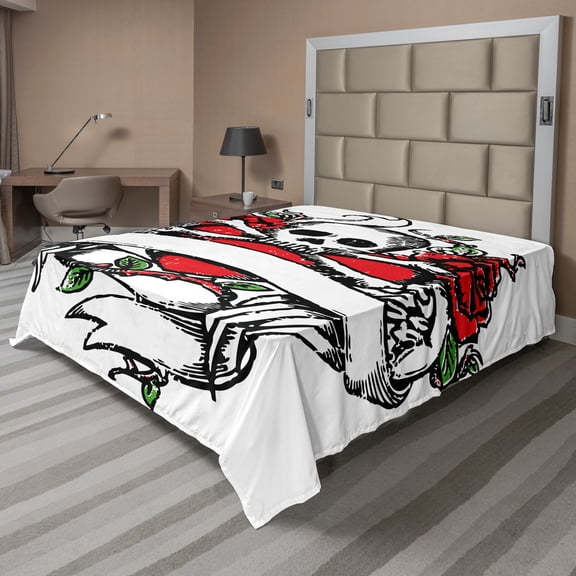 Ambesonne Rose Flat Sheet, Sketch Skull Big Red Heart, Full Size, Black Vermilion Green
