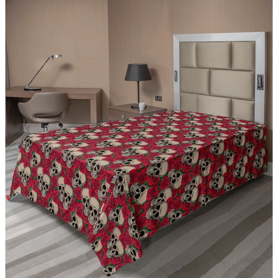 Ambesonne Rose Flat Sheet, Skulls Red Blossoms Retro, TwinXL Size, Vermilion Tan Green