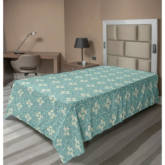 Ambesonne Rose Flat Sheet, Swirling Leaf Stems Wreath, TwinXL Size, Off White and Pale Teal