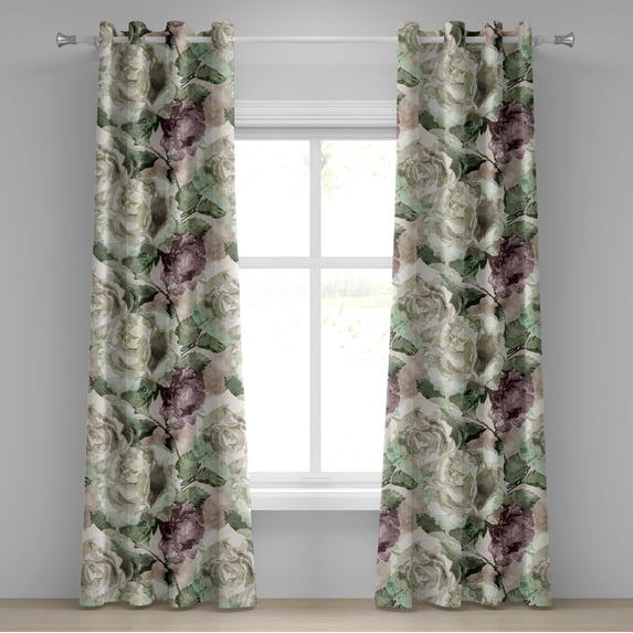 Ambesonne Rose Grommet Curtain, English Garden Watercolor Art, 50"x96", Grey Yellow and Dried Rose