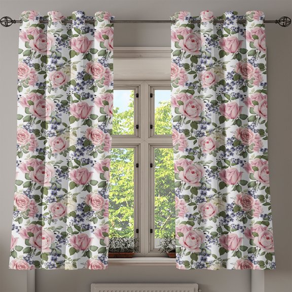 Ambesonne Rose Grommet Curtain, Flourishing Pink Flora, 50" x 54", Pale Pink Green Bluegrey