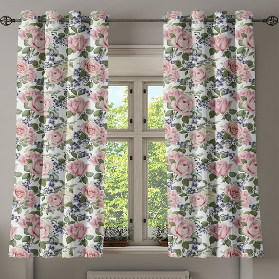 Ambesonne Rose Grommet Curtain, Flourishing Pink Flora, 50" x 63", Pale Pink Green Bluegrey