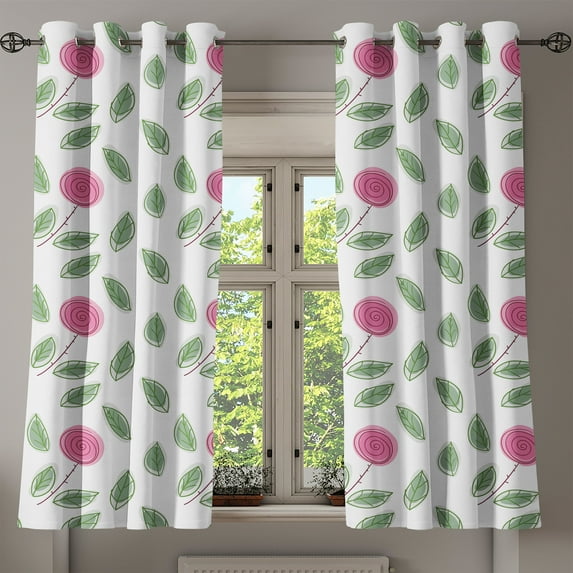 Ambesonne Rose Grommet Curtain, Modern Style Pink Blossoms, 50" x 63", Pink Reseda Green White