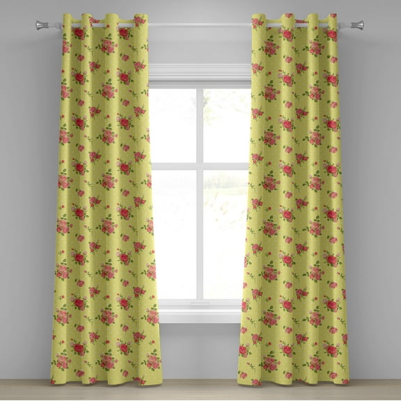 Ambesonne Rose Grommet Curtain, Old Fashioned Feminine, 50" x 72", Yellow Coral Green