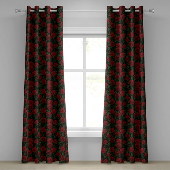Ambesonne Rose Grommet Curtain, Retro Petals Leaves Growth, 50" x 84", Ruby Hunter Green Black