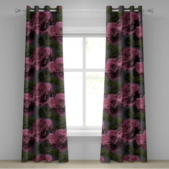 Ambesonne Rose Grommet Curtain, Romantic Pattern Flowers Print, 50"x108", Eggplant Evergreen and Pink
