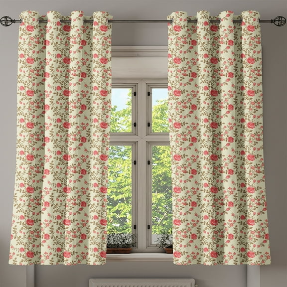 Ambesonne Rose Grommet Curtain, Rustic Floral Classical, 50" x 63", Pale Yellow Dark Coral
