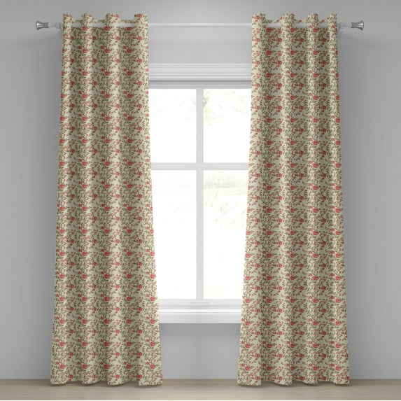 Ambesonne Rose Grommet Curtain, Rustic Floral Classical, 50" x 96", Pale Yellow Dark Coral