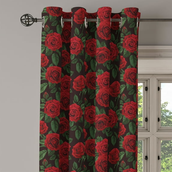 Ambesonne Rose Grommet Curtain Single Panel, Retro Petals Leaves Growth, 50"x60", Ruby Hunter Green Black
