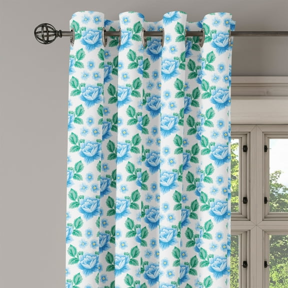 Ambesonne Rose Grommet Curtain Single Panel, Vintage Blue Blooms Botany, 50"x60", Sky Blue Jade Green