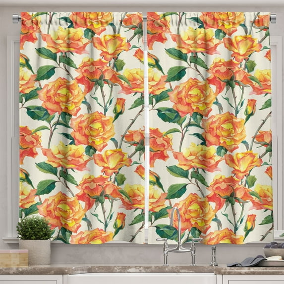Ambesonne Rose Kitchen Curtains, Old Bridal Vivid Bouquet, 55"x45", Cream Orange Green