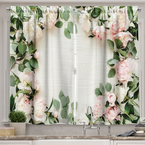 Ambesonne Rose Kitchen Curtains, Peonies Leaves Wooden Back, 55"x30", Reseda Green Soft Pink