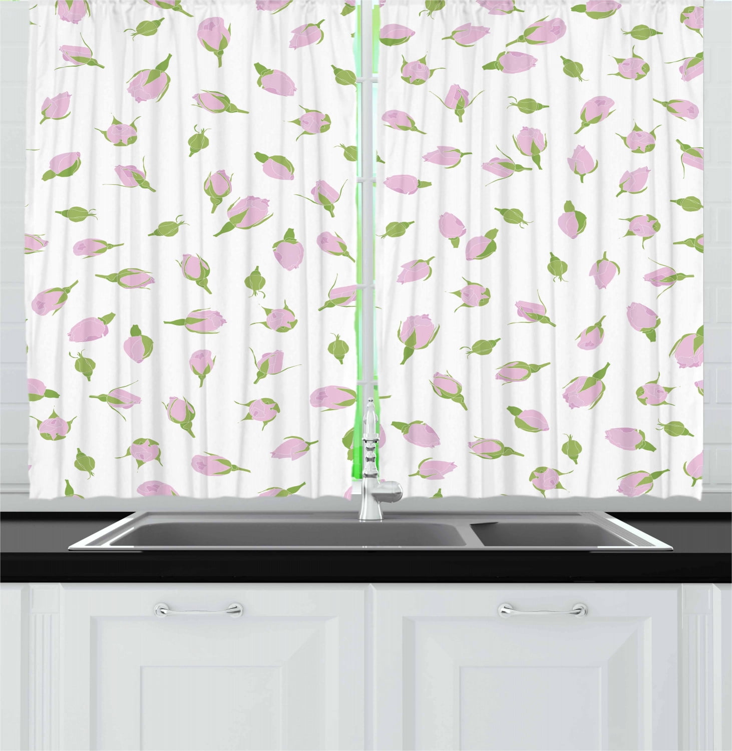 Ambesonne Rose Kitchen Curtains, Rosebuds Romantic Nostalgic, 55