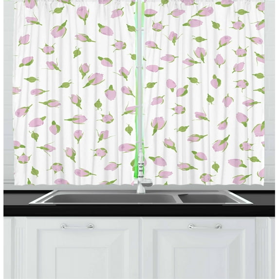 Ambesonne Rose Kitchen Curtains, Rosebuds Romantic Nostalgic, 55"x45", Fern Green Pale Pink